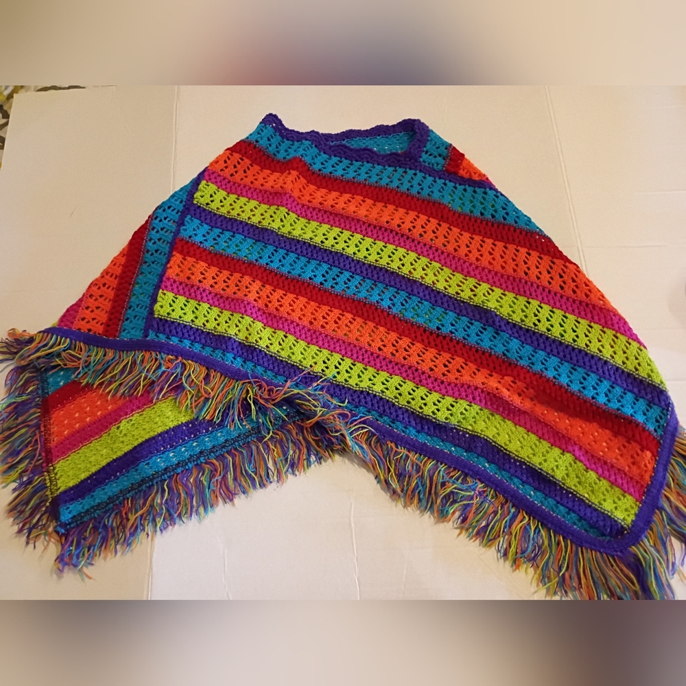 VTG Star City Girls‎ Colorful Striped Kids Poncho Sz M